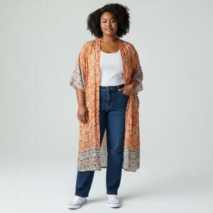 NWT Soya Concept Orange Floral Duster Drawstring Waist Kimono #1774 Size LG XL